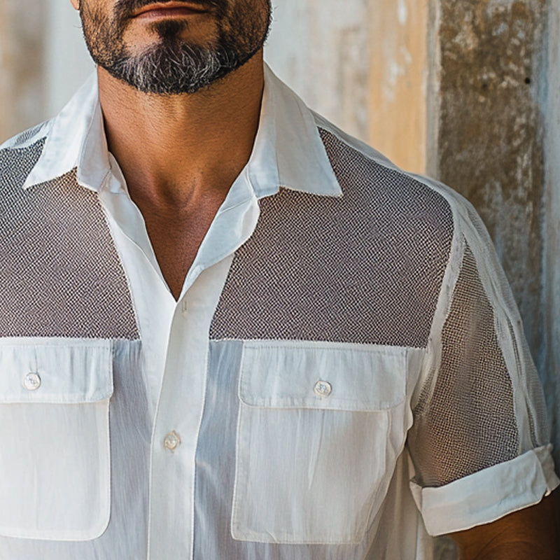 Men's Solid Color Stitching Multi-Pocket Short-Sleeved Shirt MTA2748E5X