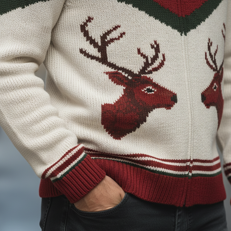 Men's Retro Christmas Jacquard Cotton Yarn Knit Zipper Cardigan MTA1478K9P