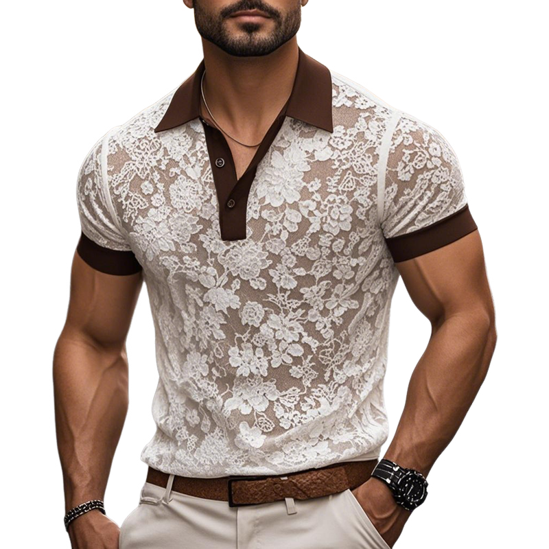 Men's Fashion  Lace Colorblock Lapel Short Sleeve Polo Shirt MTA1670E4Z