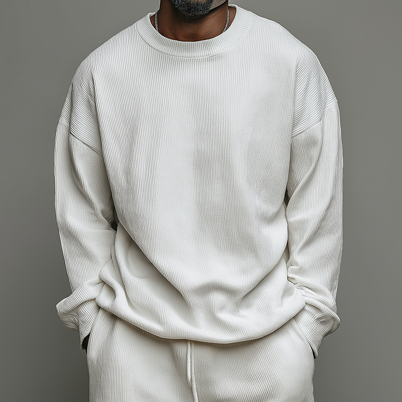 Men's Retro Casual Solid Color Ribbed Crew Neck Sweatshirt MTZ1064B7TO