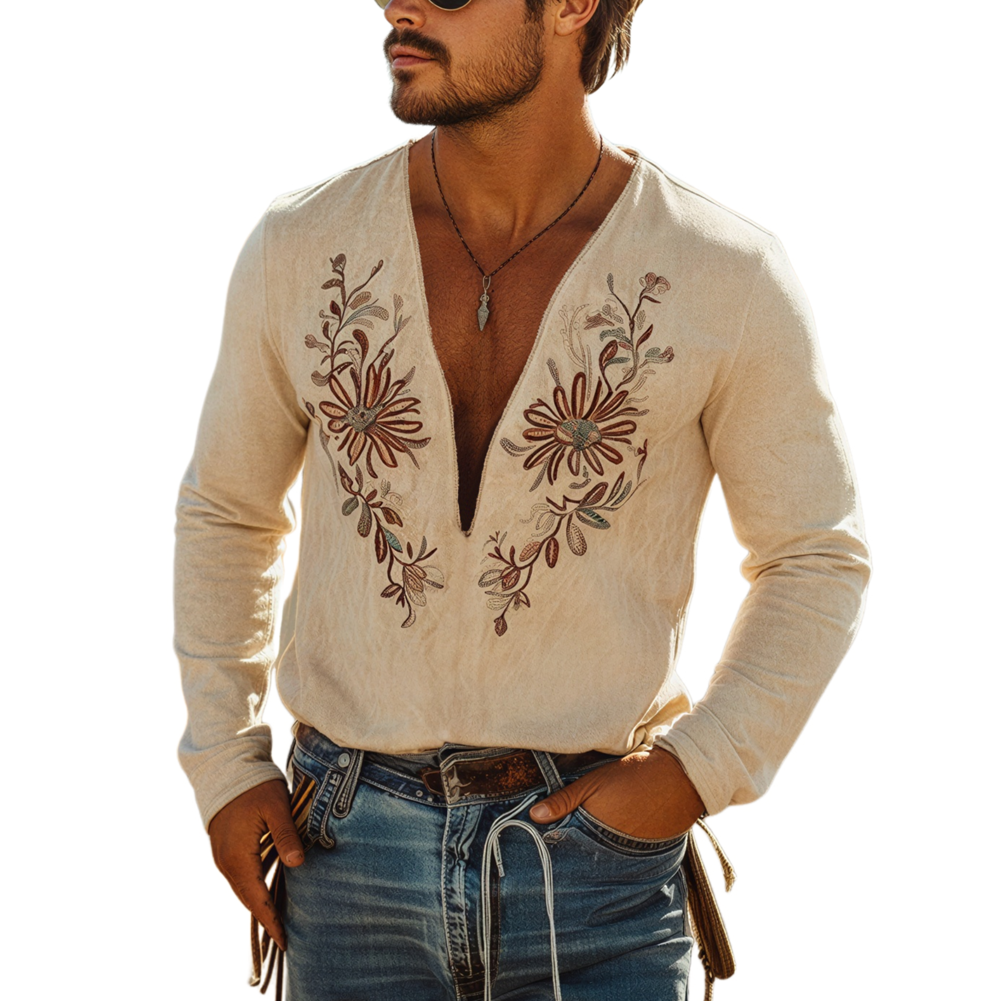 Men's Classic Casual Deep V-neck Faux Suede Embroidered Long-sleeved T-shirt MTZ0957A2K