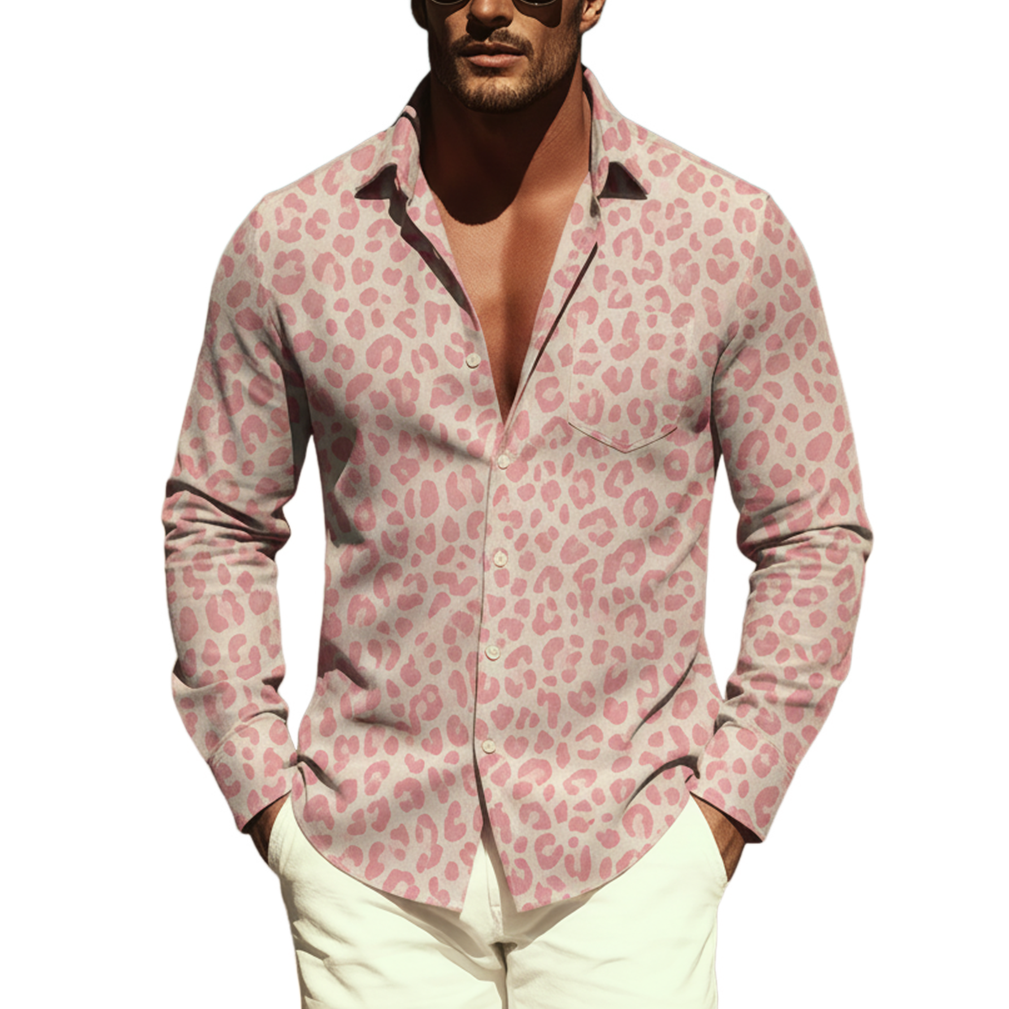 Men's Classic Casual Denim Leopard Print Long-sleeved Shirt MTA1904L0K