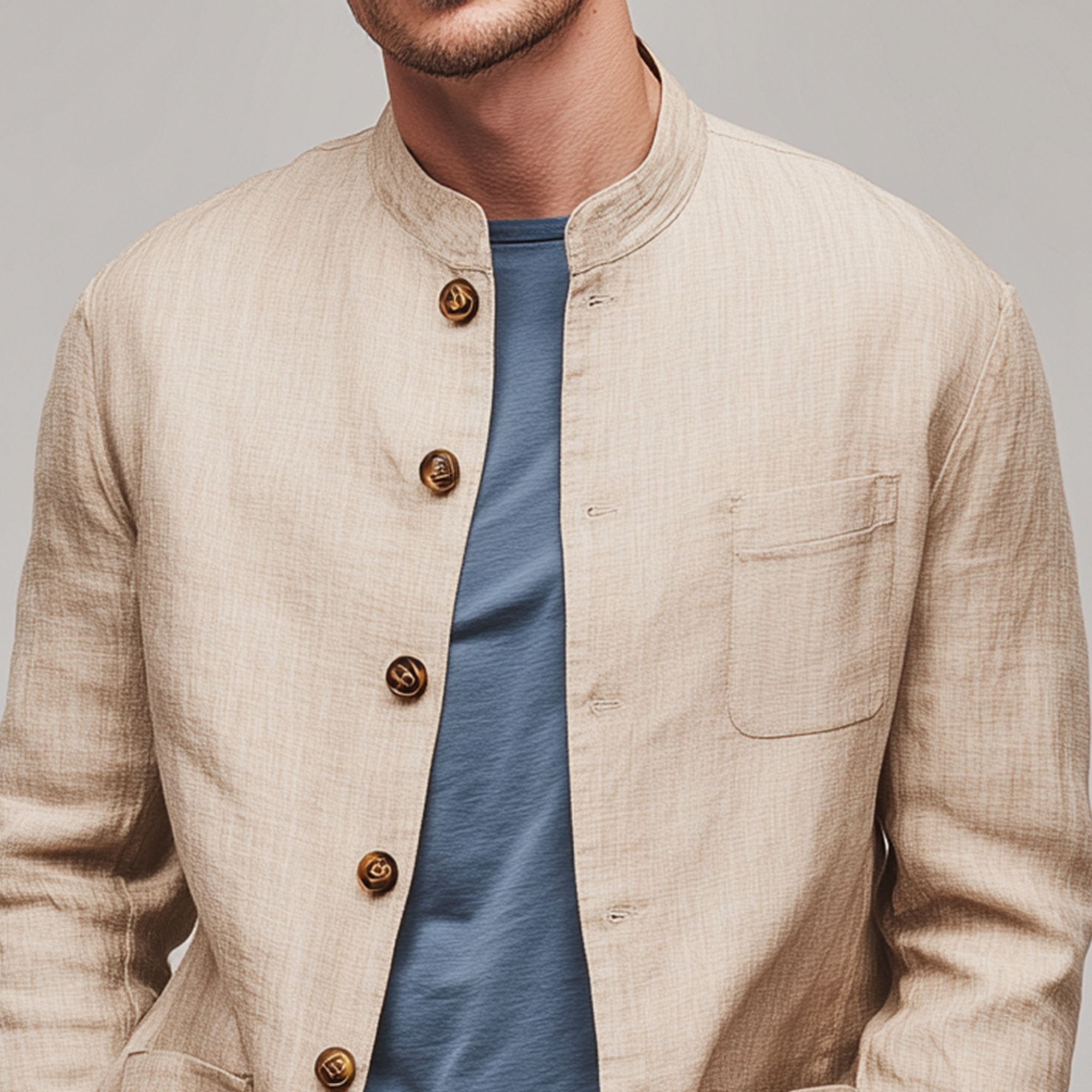 Men's Classic Retro Casual Cotton And Linen Blend Stand Collar Multi-pocket Jacket MTA0184H4K