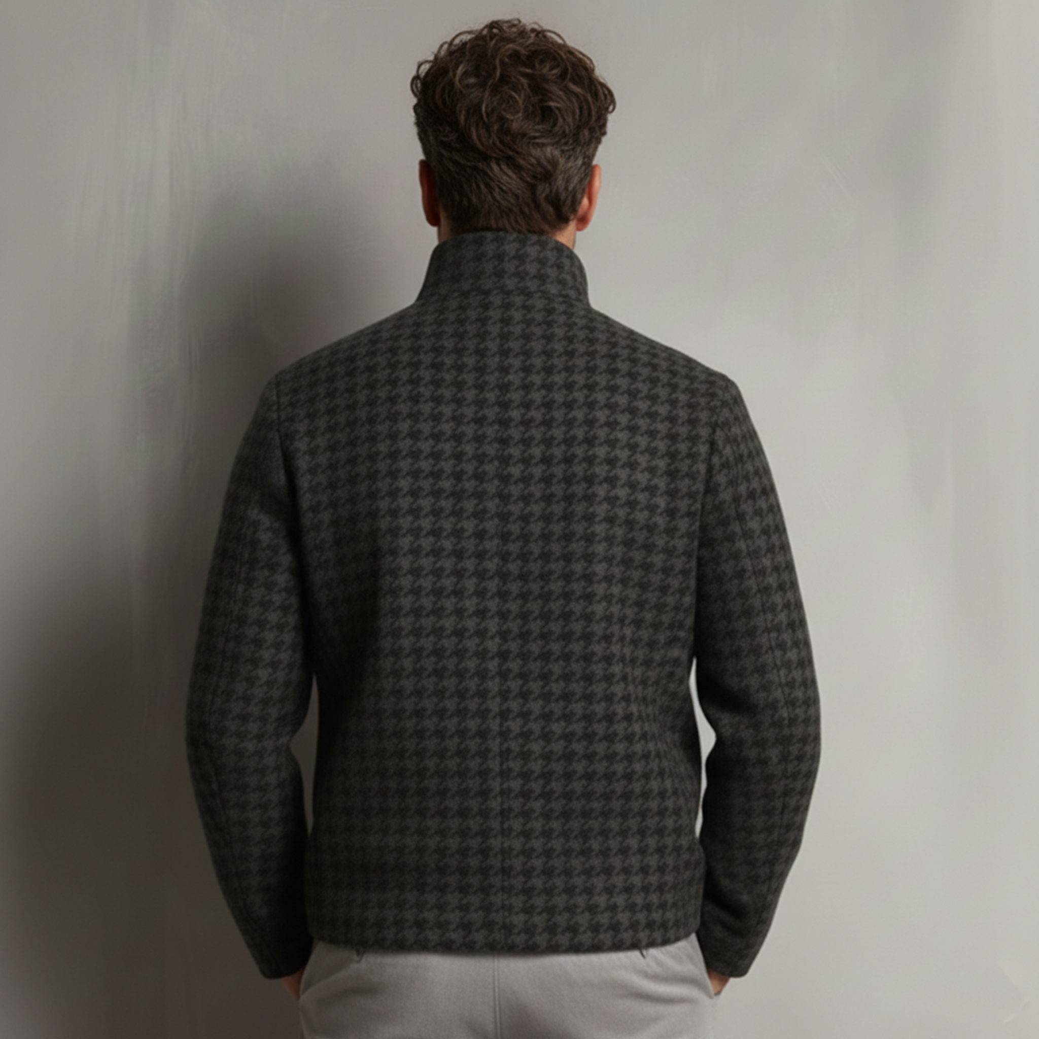 Men's Classic Retro Light Business Stand Collar Faux Houndstooth Wool Zip-Up Jacket MTA0480K5K