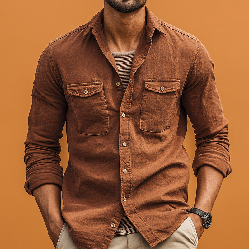 Men's Retro Casual Cotton Washed Collar Lapel Long Sleeve Shirt MTZ0598A7TO