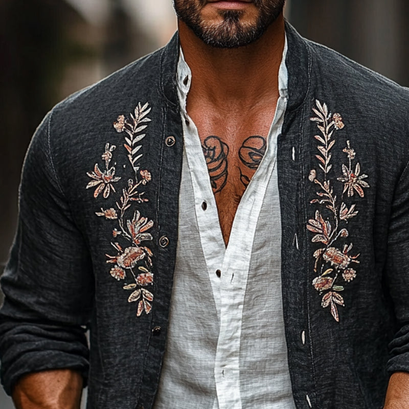 Men's Cotton and Linen Vintage Embroidered Cardigan Jacket 24065076X