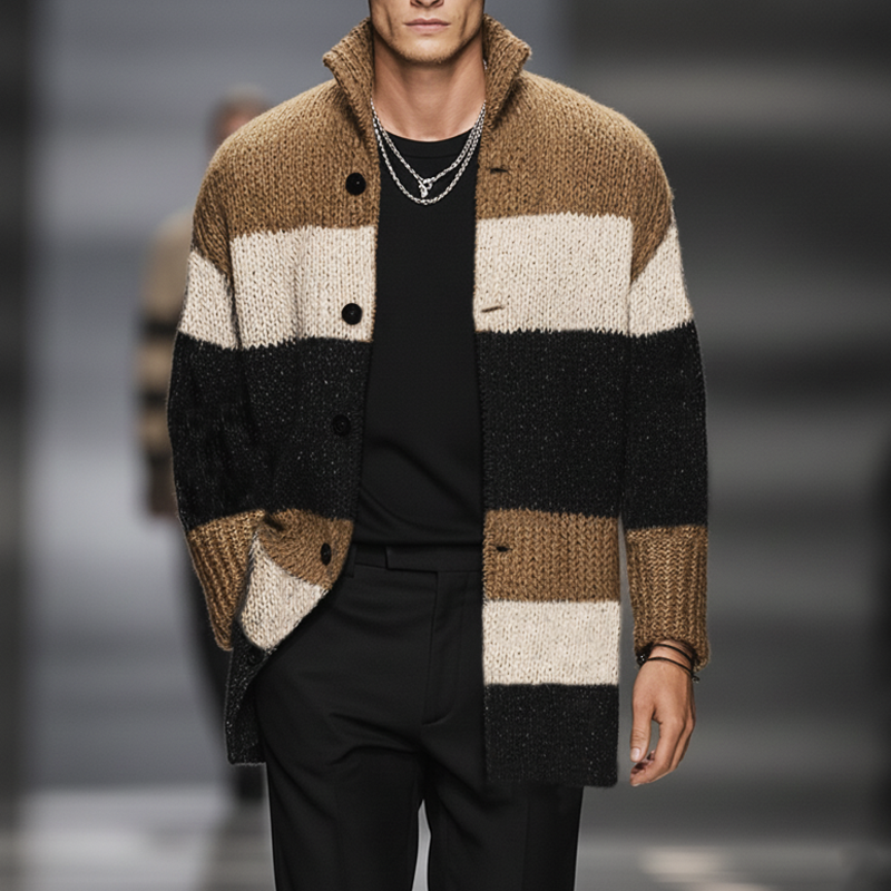 Men's Classic Colorblock Stand Collar Mid-length Knitted Cardigan MTA2753J3U