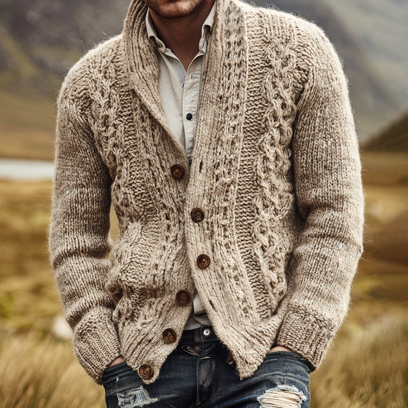 Men's Cable Knit Shawl Collar Single Breasted Cardigan MTA3081H4Z