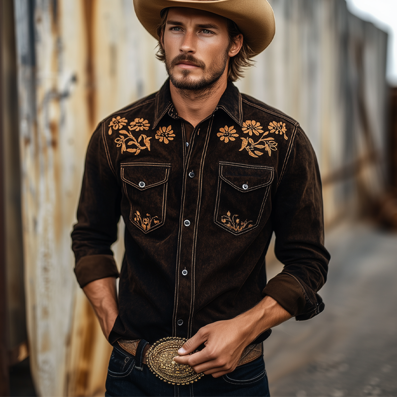 Men's Vintage Western Cowboy Suede Embroidered Long Sleeve Shirt MTA2075H1X