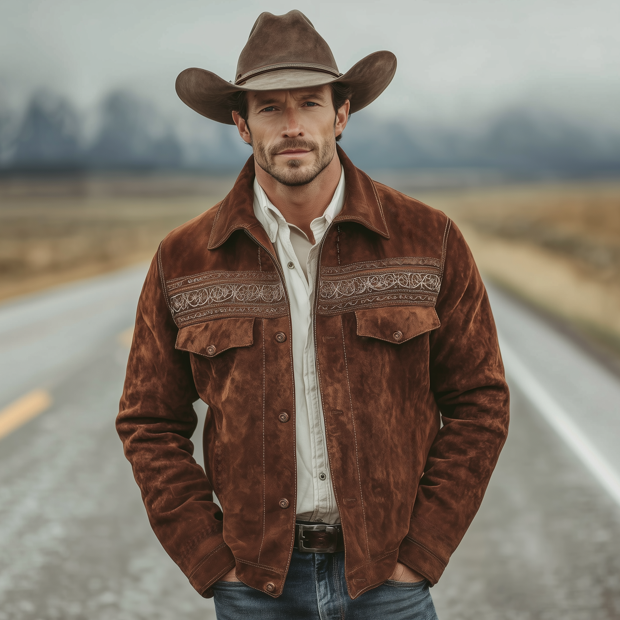 Men's Classic Retro Western Style Embroidered Lapel Faux Suede Jacket MTA2414K4K