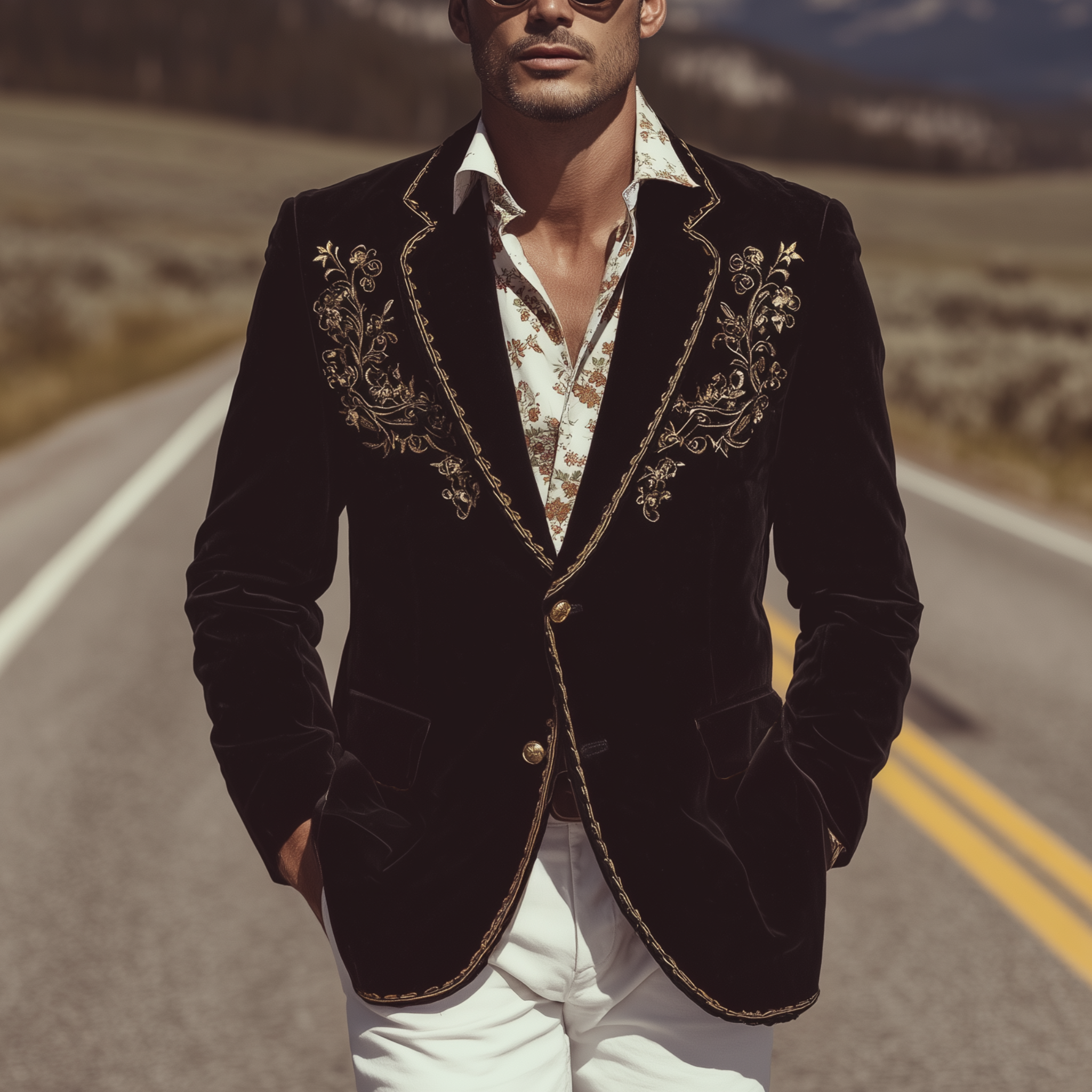 Men's Classic Retro Western Style Velvet Embroidered Single-breasted Slim-fit Blazer MTA1510H8K