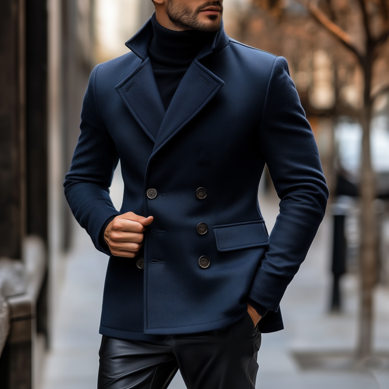 Men's Vintage Solid Color Wool Blend Notch Lapel Double-breasted Slim Fit Peacoat MTA1459H4M