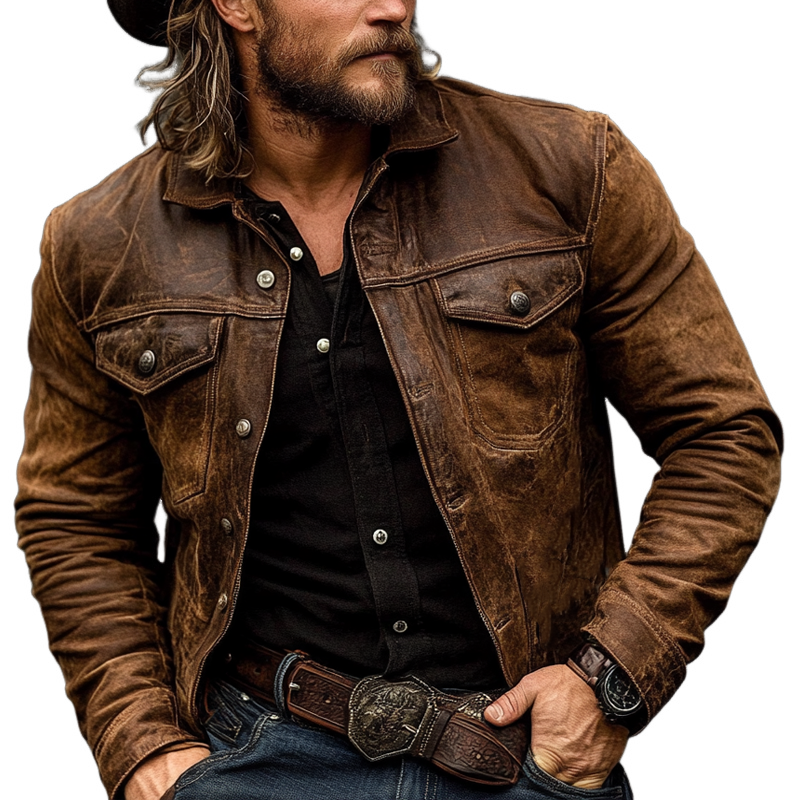 Men's Vintage Distressed PU Leather Lapel Jacket MTA2098H3X