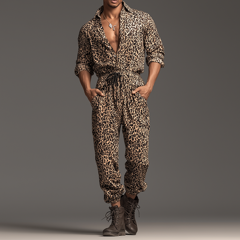 Men's Retro Casual Leopard Print Lapel Long Sleeve Shirt Jumpsuit MTA0421H8TO