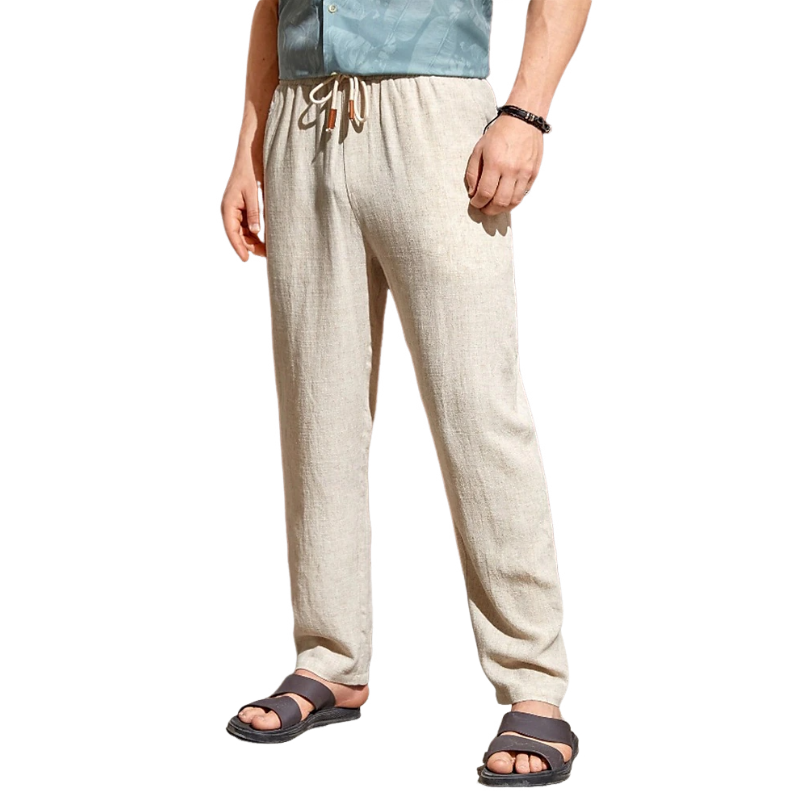 Men's Casual Cotton Linen Elastic Waist Straight Pants 01622871M