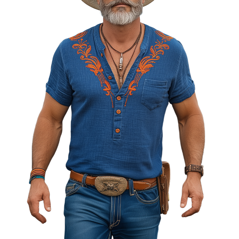 Men's Spring And Summer New Casual Vacation Retro Western Cowboy Style Cotton And Linen Embroidered Henry Collar Short-Sleeved T-Shirt MTA0918E3K