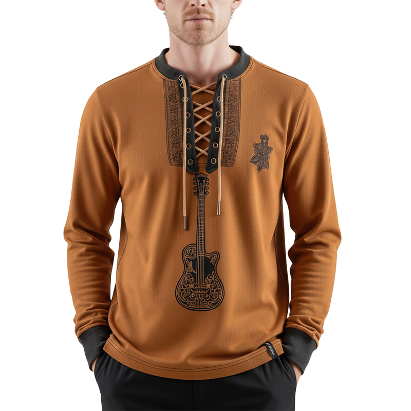 Men's Fashion Guitar Print Cotton Blend Lace-Up Sweatshirt MTA2785J5P
