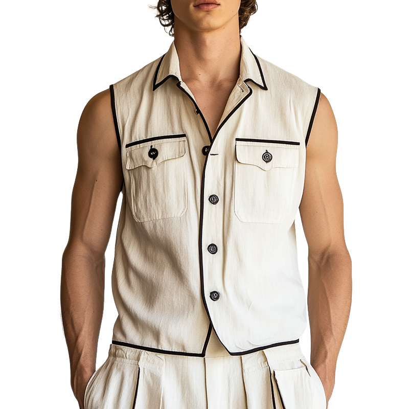 Men's Contrast Multi-Pocket Sleeveless Lapel Shirt MTA2087F5X