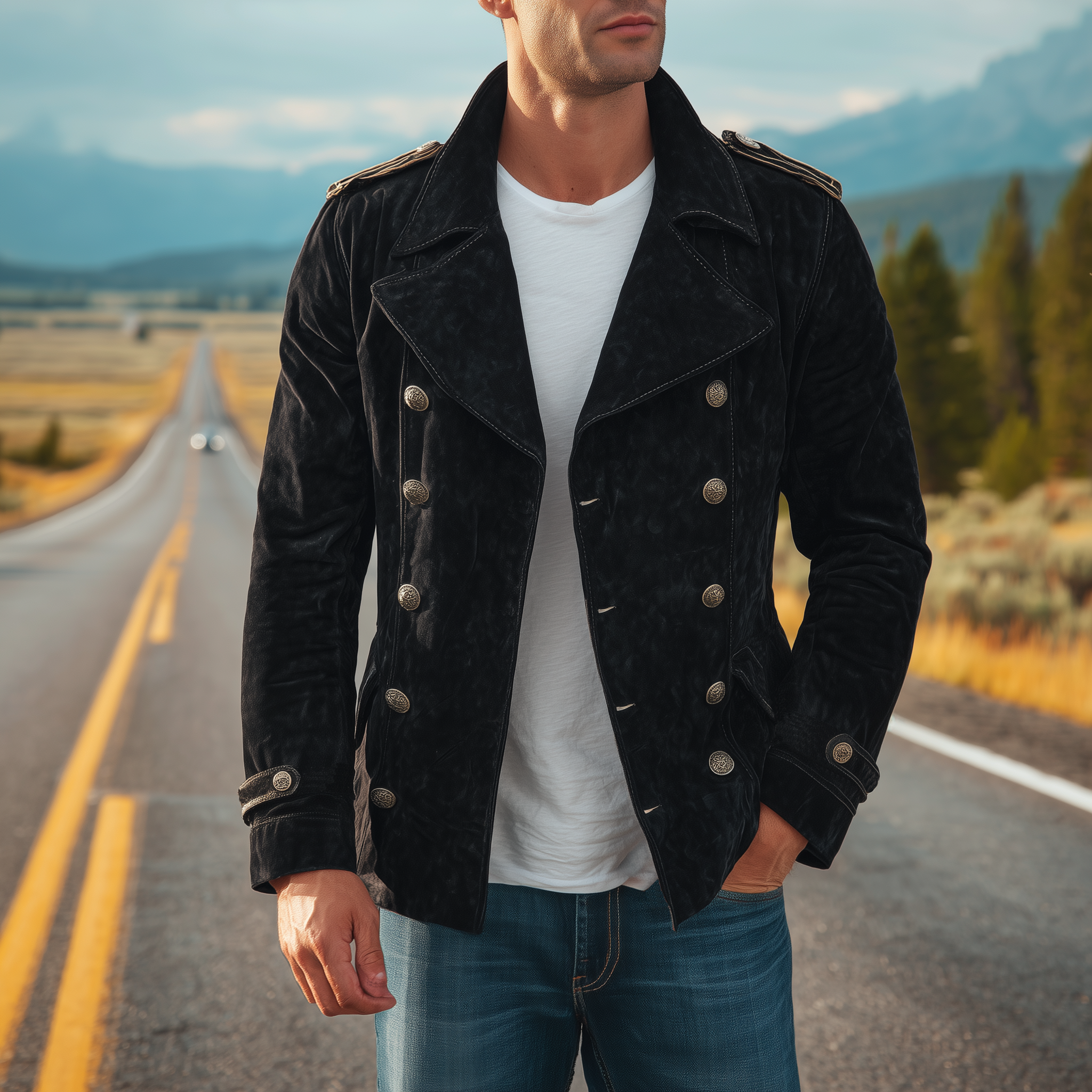 Men's Classic Vintage Suede Lapel Double Breasted Slim Fit Jacket MTA0785H1K