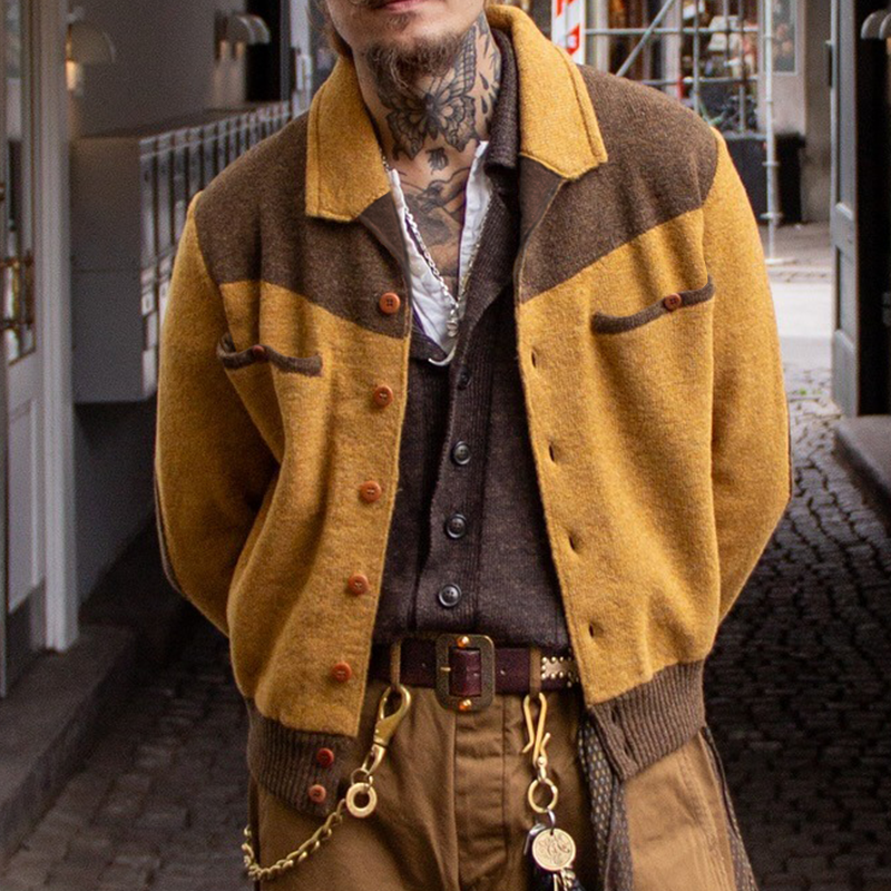 Men's Retro Casual Colorblock Knitted Lapel Button Cardigan MTA1781I2TO