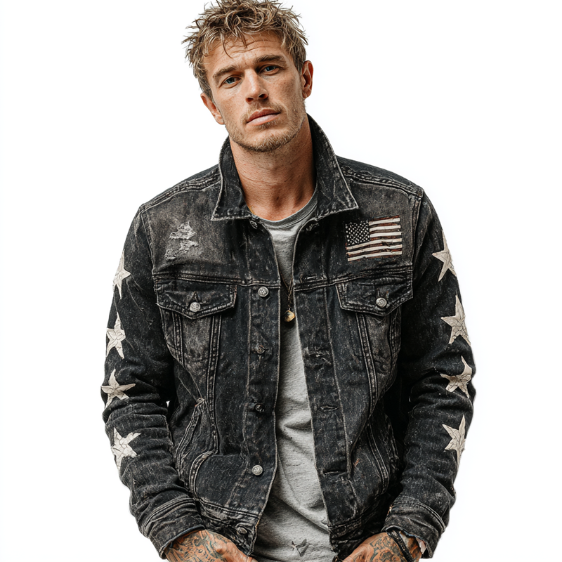 Men's Washed Vintage Star Print Denim Jacket MTA1787G0X
