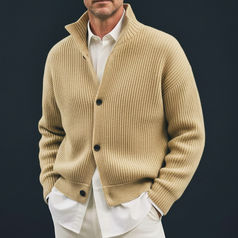 Men's Classic Beige Stand Collar Button Knit Cardigan MTA1736J4U