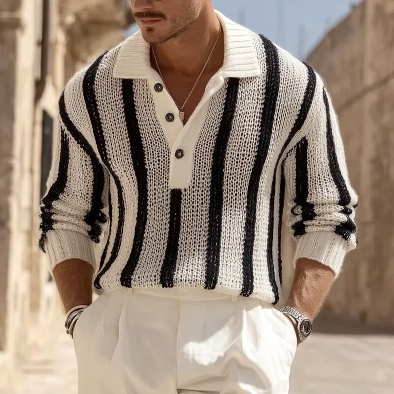 Men's Vintage Contrast Striped Breathable Knit Polo Neck Loose Pullover Sweater MTA2831H1M