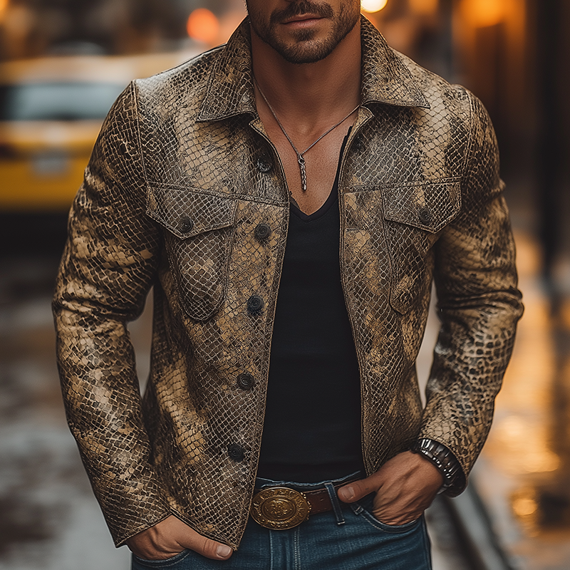 Men's Retro Casual Python Pattern Lapel PU Leather Jacket MTA1939H7TO