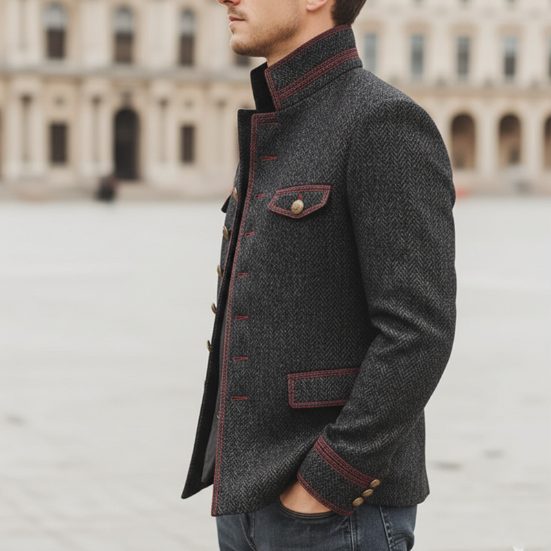 Men's Classic Stand-up Collar Herringbone Faux Wool Slim-fit Jacket MTA1571K0U