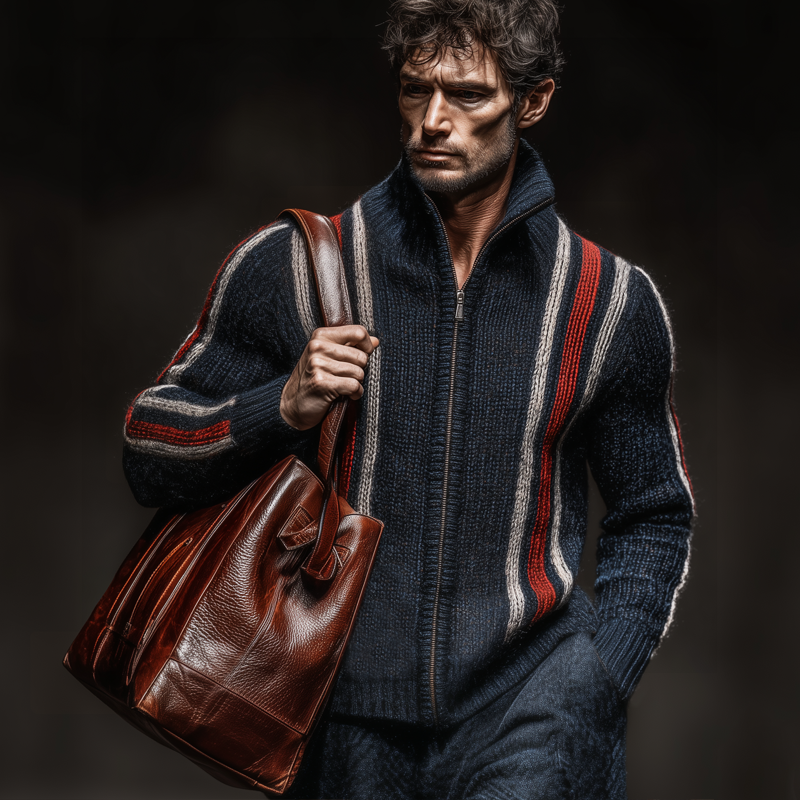 Men's Classic Colorblock Striped Stand Collar Zippered Knit Cardigan MTA2224J8U