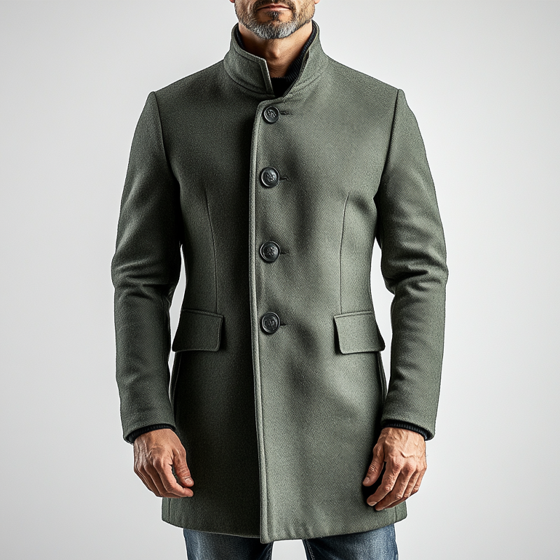Men's Solid Color Stand-up Collar Twill Blend Mid-length Coat MTA1526K8X