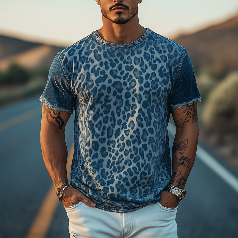 Klassisk herre-T-skjorte i denim med jacquardmønster og leopardprint, retro i western-cowboystil MTA0855E4K