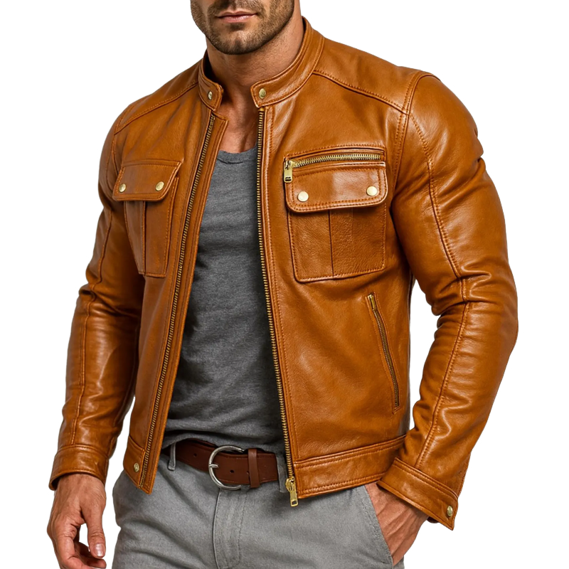 Men's Faux Leather Stand Collar Zipper Biker Jacket MTA1282I4Z