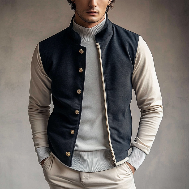 Men's Contrast Color Single-breasted Stand Collar Jacket MTA3129G5X