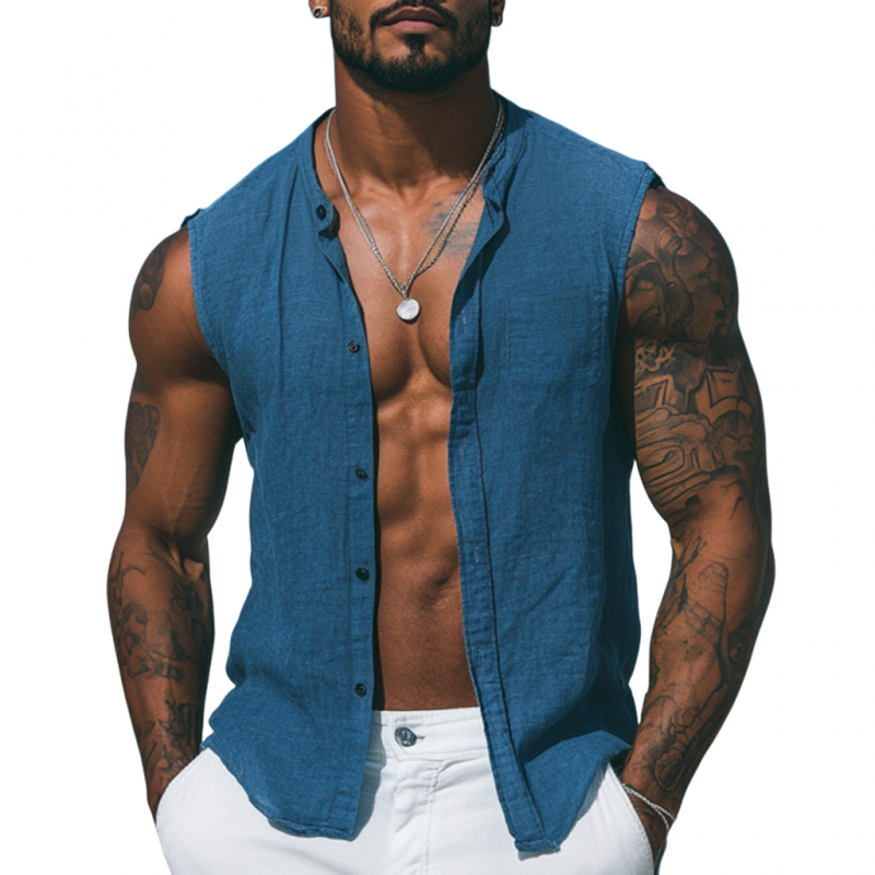 Men's Casual Breathable Cotton Linen Stand Collar Single-Breasted Slim Fit Sleeveless Shirt MTA1358E0M