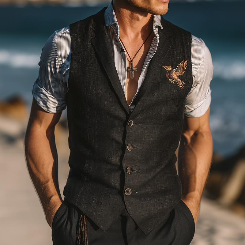 Men's Vintage Casual Hummingbird Embroidered Linen Vest MTA1870G0TO