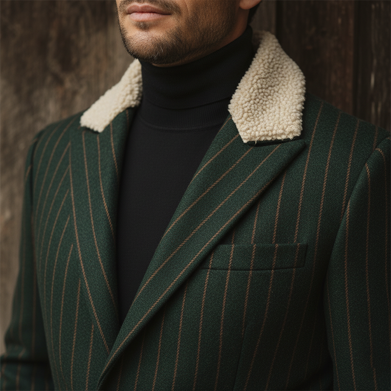 Men's Winter Fashion Plush Collar Striped Faux Wool Coat MTA3053I1P