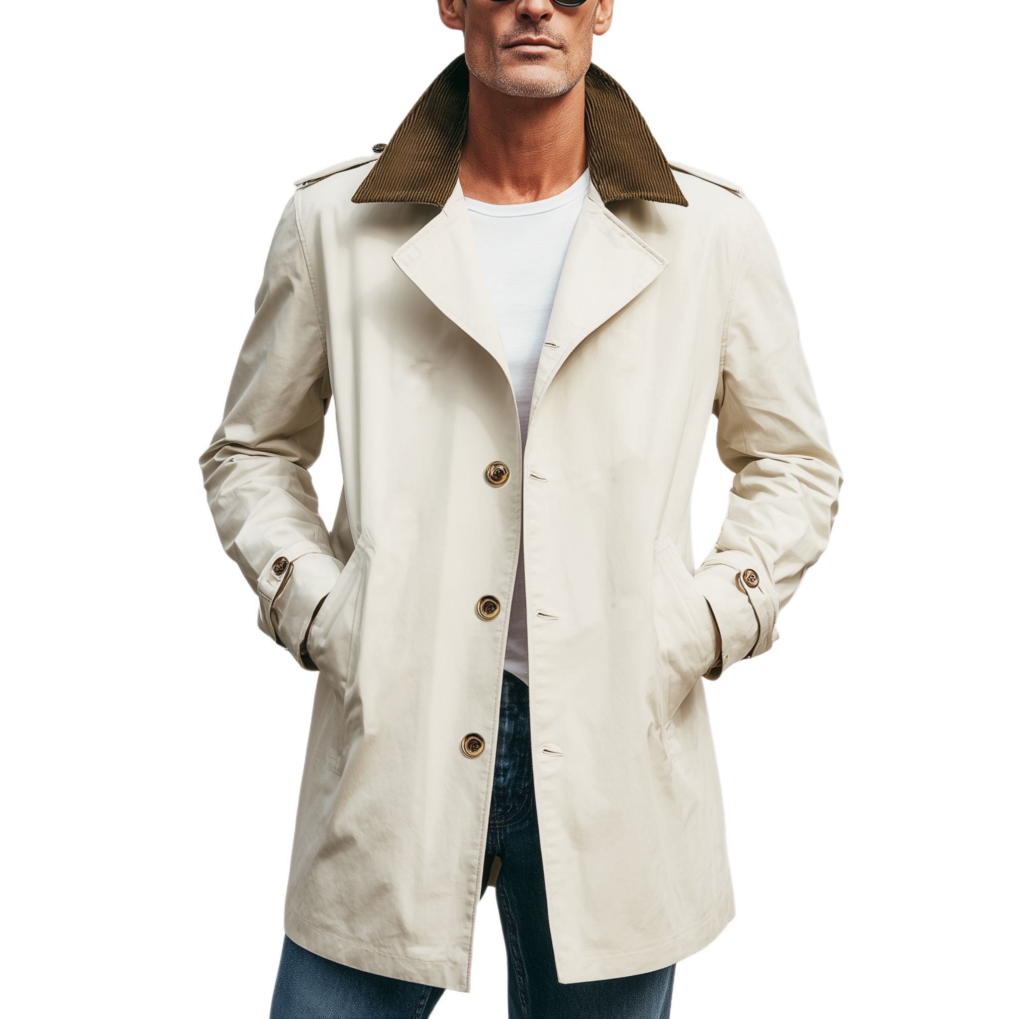 Men's Classic Casual Corduroy Lapel Single-breasted Twill Cotton Thigh-length Trench Coat MTA1346H1K