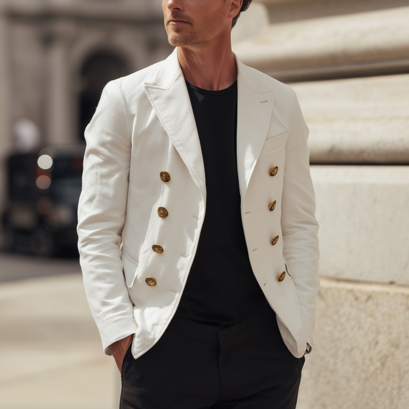 Men's Casual Solid Color Breathable Twill Cotton Peaked Lapel Double-breasted Slim-fit Blazer MTA2905G7M