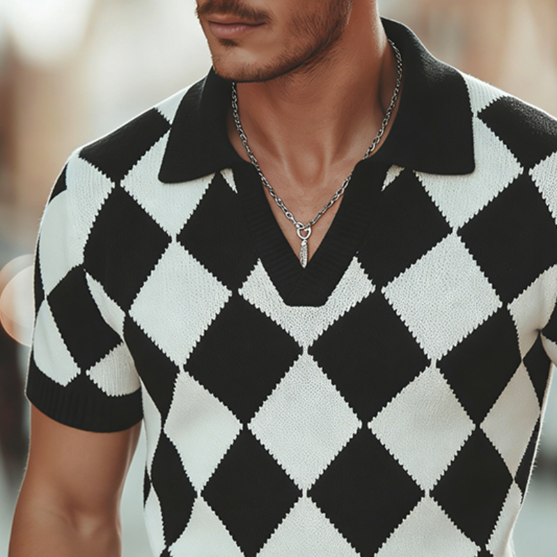 Men's Retro Casual Diamond Pattern Knit Short-Sleeve Polo Shirt MTZ1453A8TO