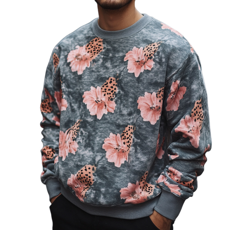 Men's Retro Casual Floral Leopard Print Crew Neck Sweatshirt 11348639TO