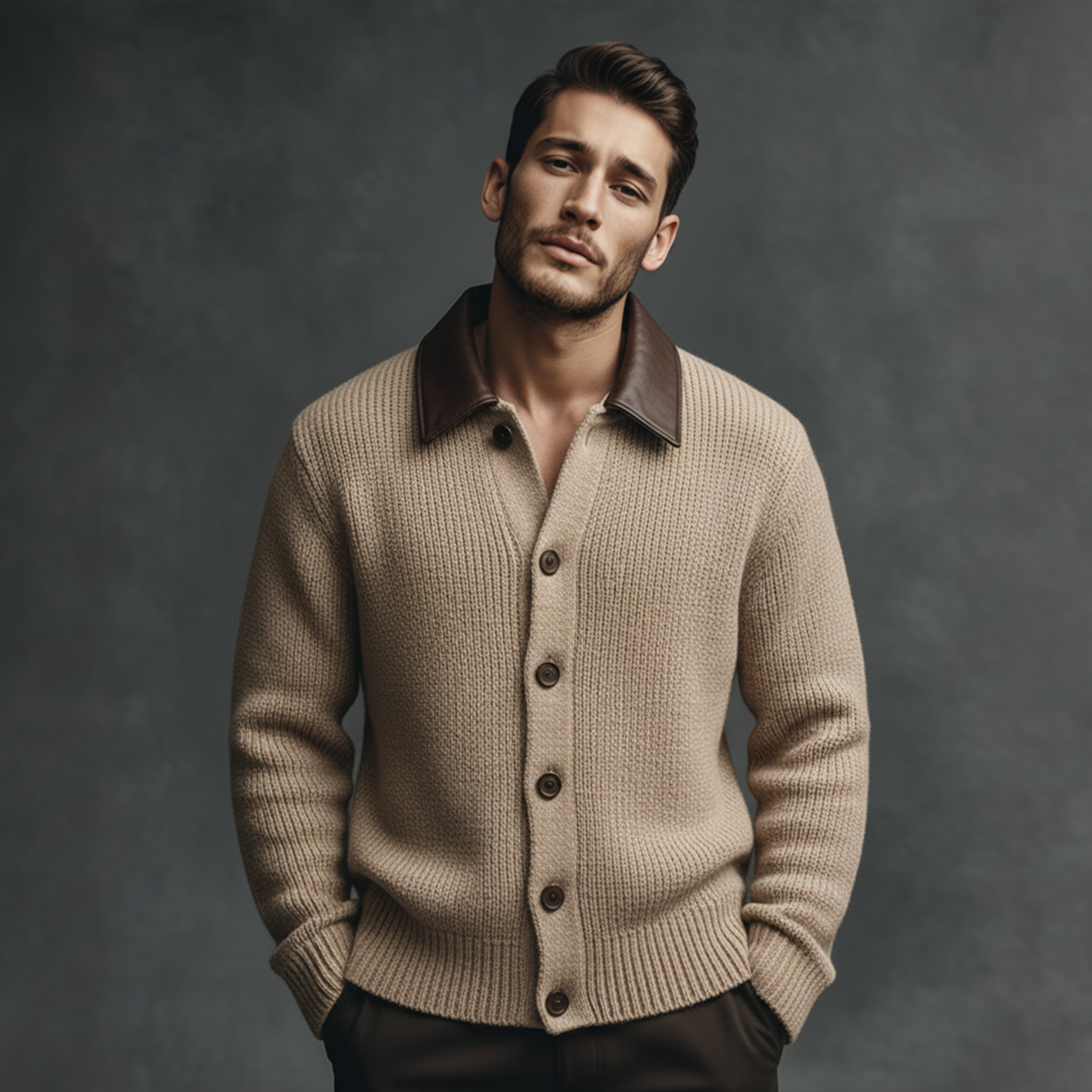 Men's Classic Retro Lapel Stitching PU Leather Knitted Cardigan MTA2397J2K