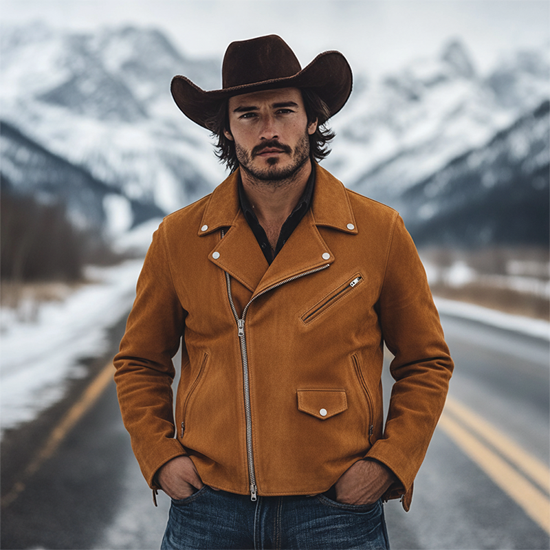 Men's Retro Western Cowboy Style Suede Motorcycle Zipper Jacket MTA1942K7X