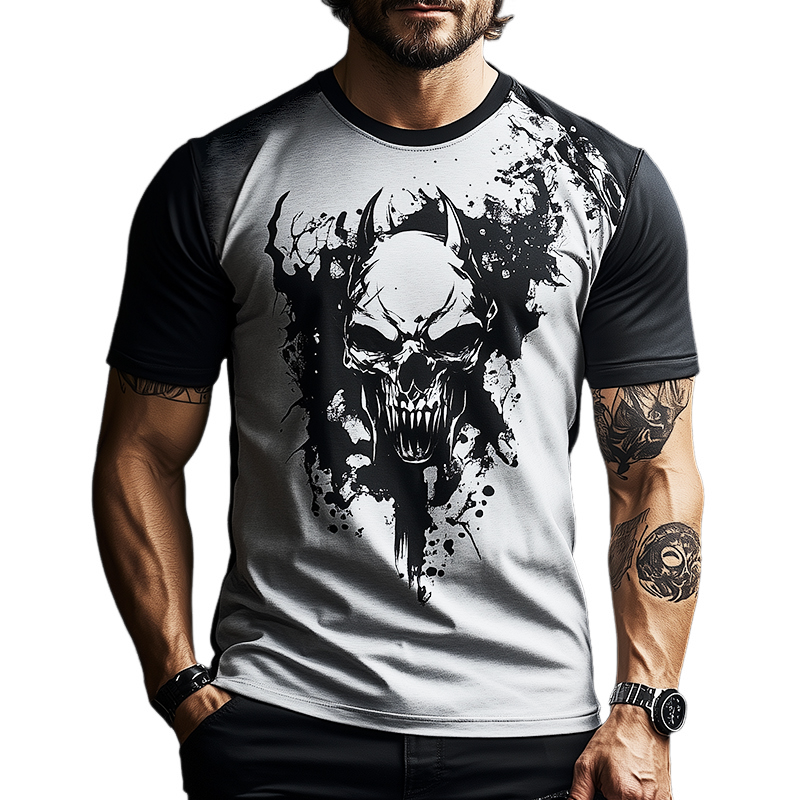 Men's Retro Casual Skull Print Round Neck Short Sleeve T-Shirt 14821696TO