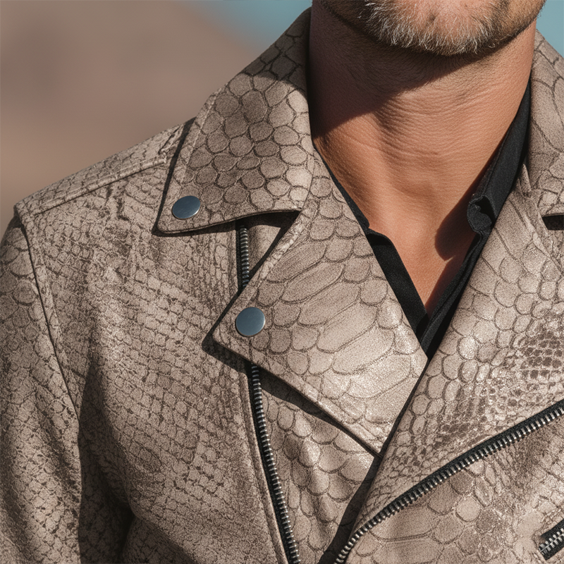 Men's Retro Satin 3D Snake Pattern PU Leather Zip-up Jacket MTA3075I9P