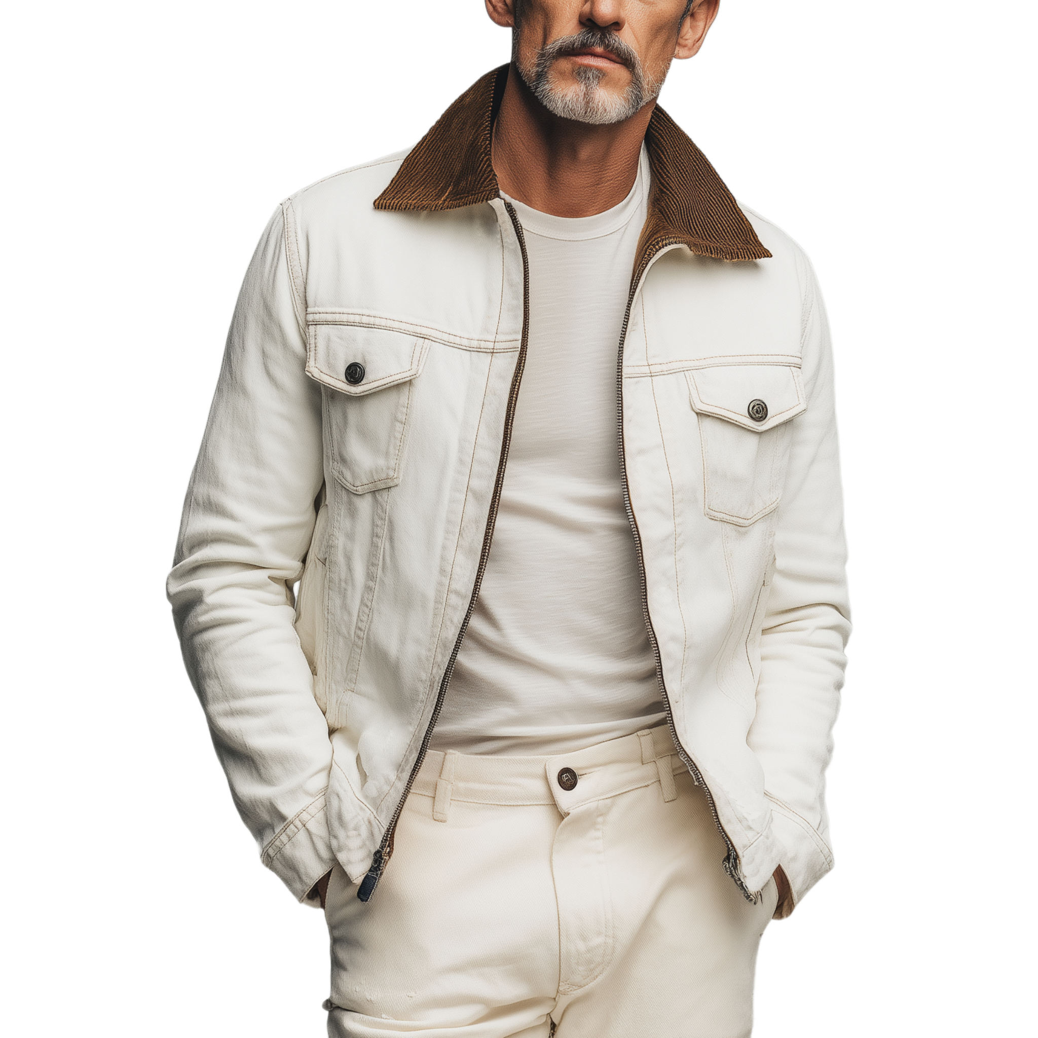 Men's Classic Vintage Western Style Corduroy Collar Denim Washed Jacket MTA0798H3K