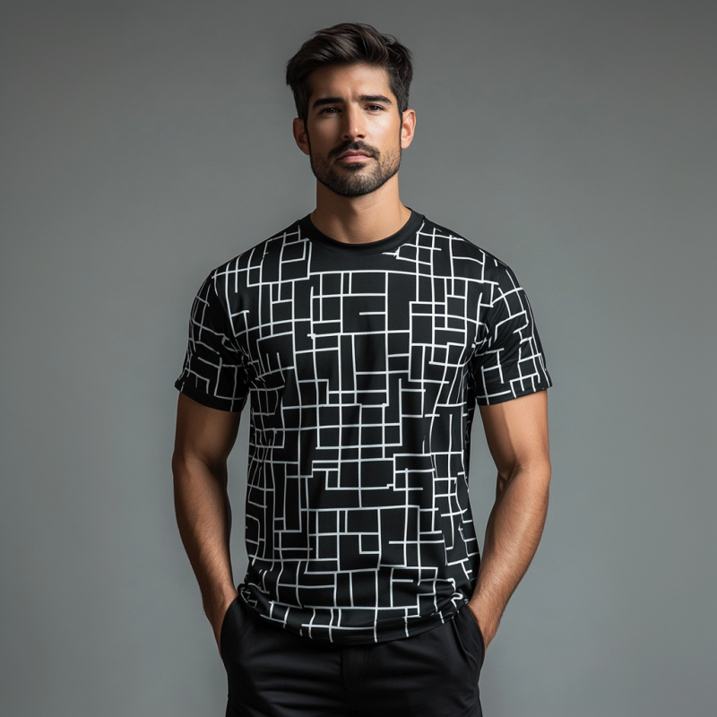 Men's Casual Contrast Color Geometric Full Print Round Neck Loose Short Sleeve T-shirt MTA1529E3M