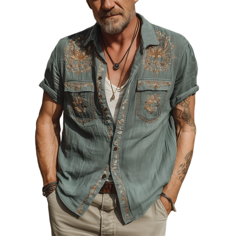 Men's Summer Retro Embroidered Cotton And Linen Short Sleeve Shirt MTA1888F1U