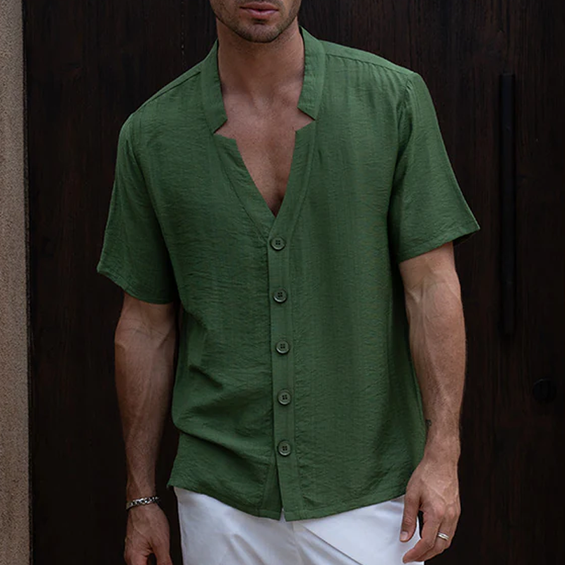 Men's Spring And Summer Fashion Casual Tencel Cotton V-neck Short Sleeve Shirt MTA0513G2K