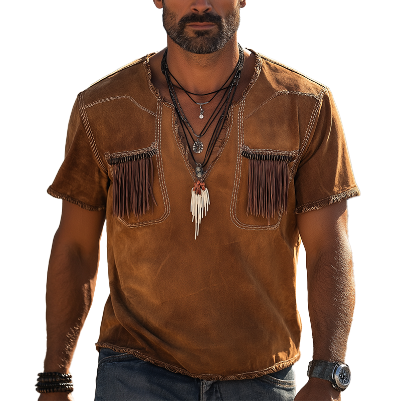 Men's Vintage Tassel Faux Suede Short Sleeve T-Shirt MTA2987G6P